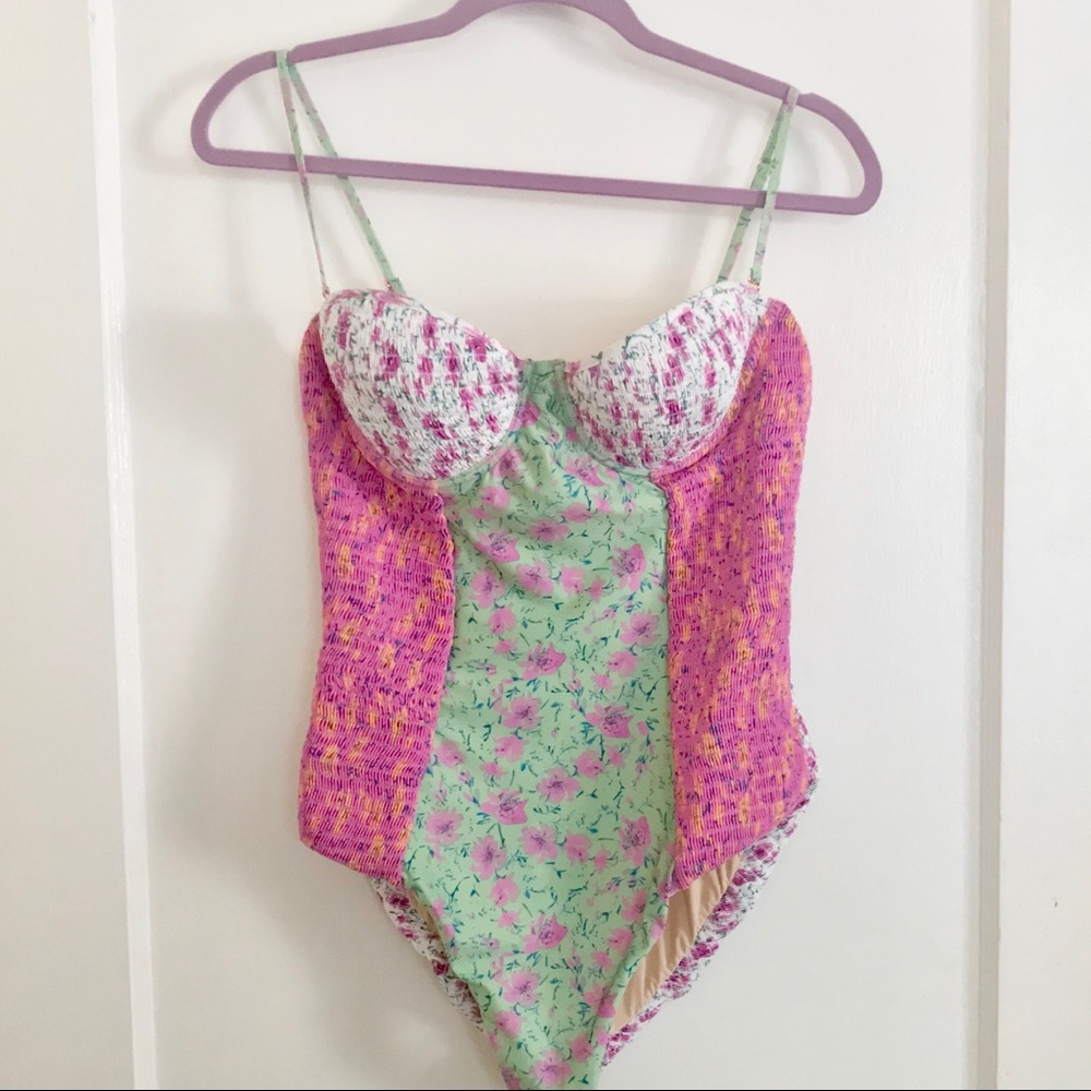 Anthropologie smocked bustier floral swim